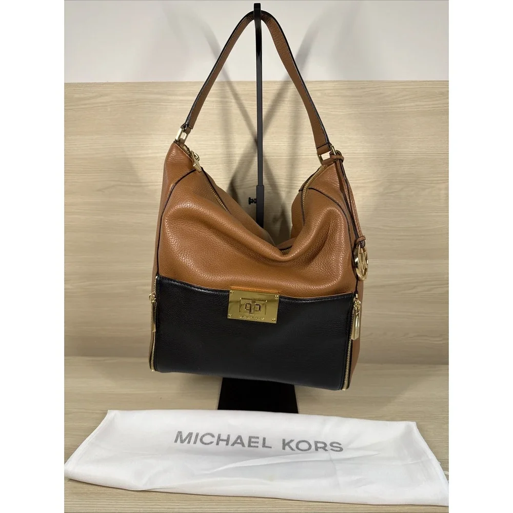 Michael Kors Addie Large Logo Hobo Shoulder Bag Two Tone Black & Brown‎